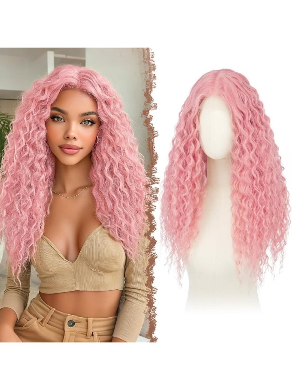 Long Wavy Pink Lace Front Wig for Women | Synthetic Hair, Stylish & Trendy